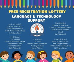 Colorful flyer for the Taunton Public Schools PreK Registration Lottery Language & Technology Support sessions. The event is scheduled for April 14 and April 28, from 5:00 p.m. to 7:00 p.m. at the Family Welcome Center inside Parker Middle School, 60 Williams Street. Information is provided in six languages: English, Spanish, Portuguese, Cape Verdean Creole, French, and Haitian Creole. The flyer features cartoon illustrations of smiling children and a pencil border at the top, along with the Taunton Public Schools logo in the center.